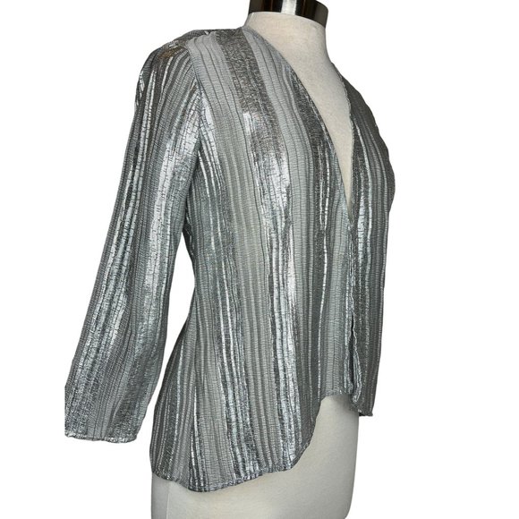 Chic's Blouse Silver Women's Size 00 US XS2 Open Front Long Sleeve Sparkly Made - Picture 7 of 13
